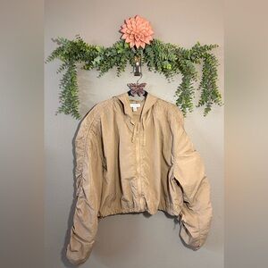 Topshop Beige cropped size large windbreaker nylon ruched sleeves with hood